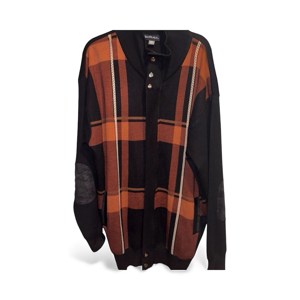 Silver Silk Sweater Orange and Black Checkered Cardigan